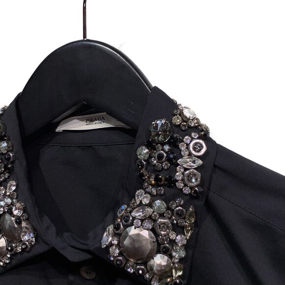 Prada Black Cotton Shirt with Crystals Embellished Collar - Picture 6 of 10